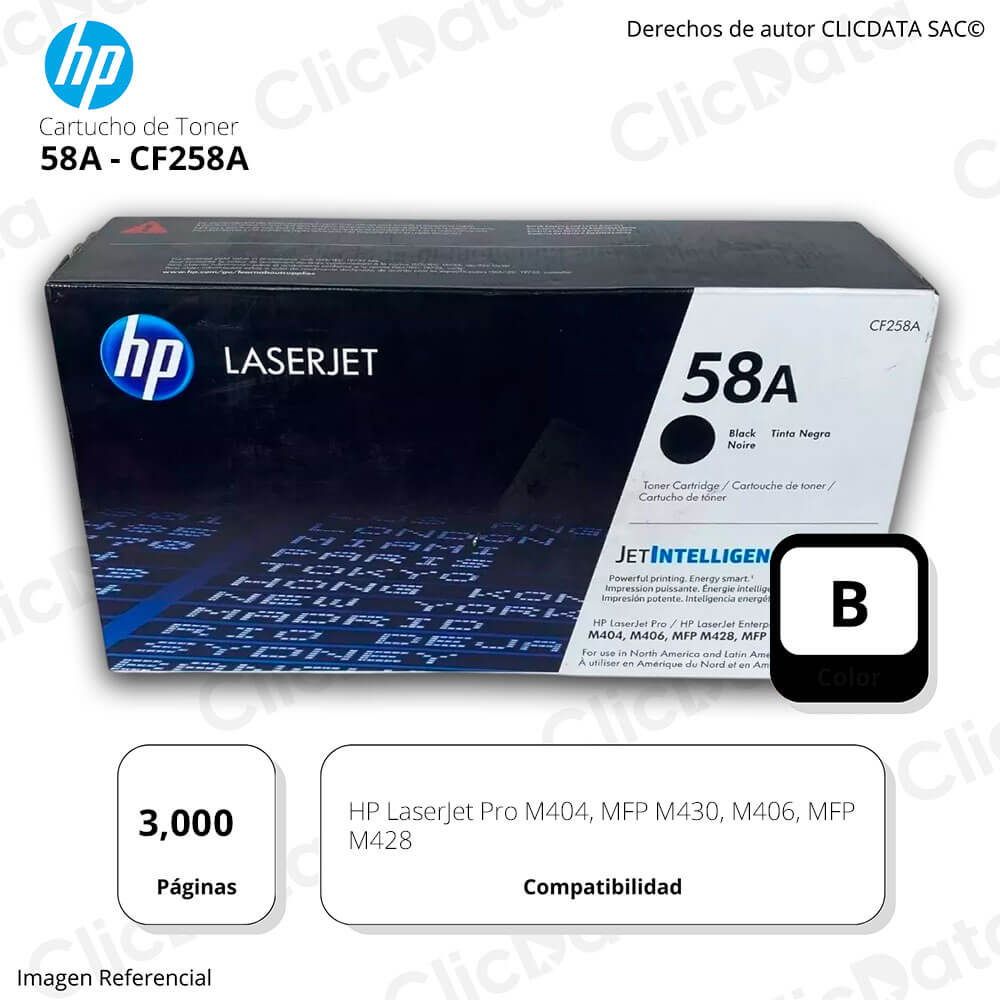Toner HP 58A Negro CF258A 3,000 Pág. M404, m428fdw Original