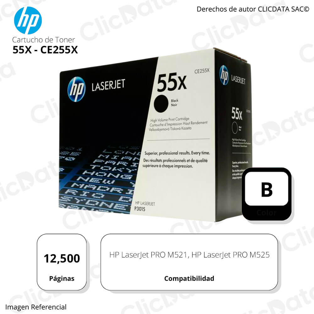 Toner Hp 55X Negro Ce255X 12,500 Pág. M525dn, M521dn Original