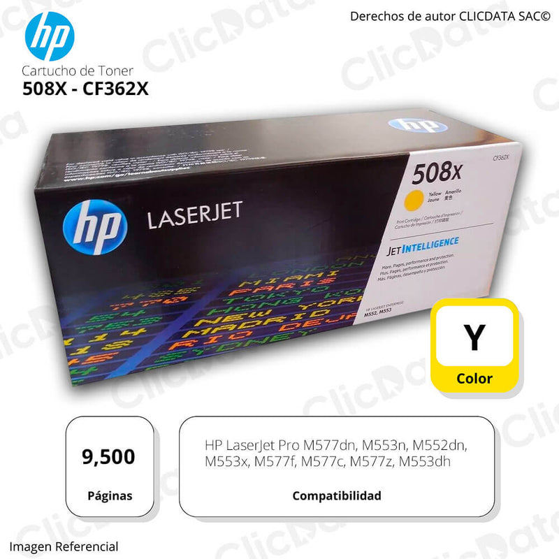Toner Hp 508X Yellow Cf362X 9.500 Pág. M553dn, M552dn Original