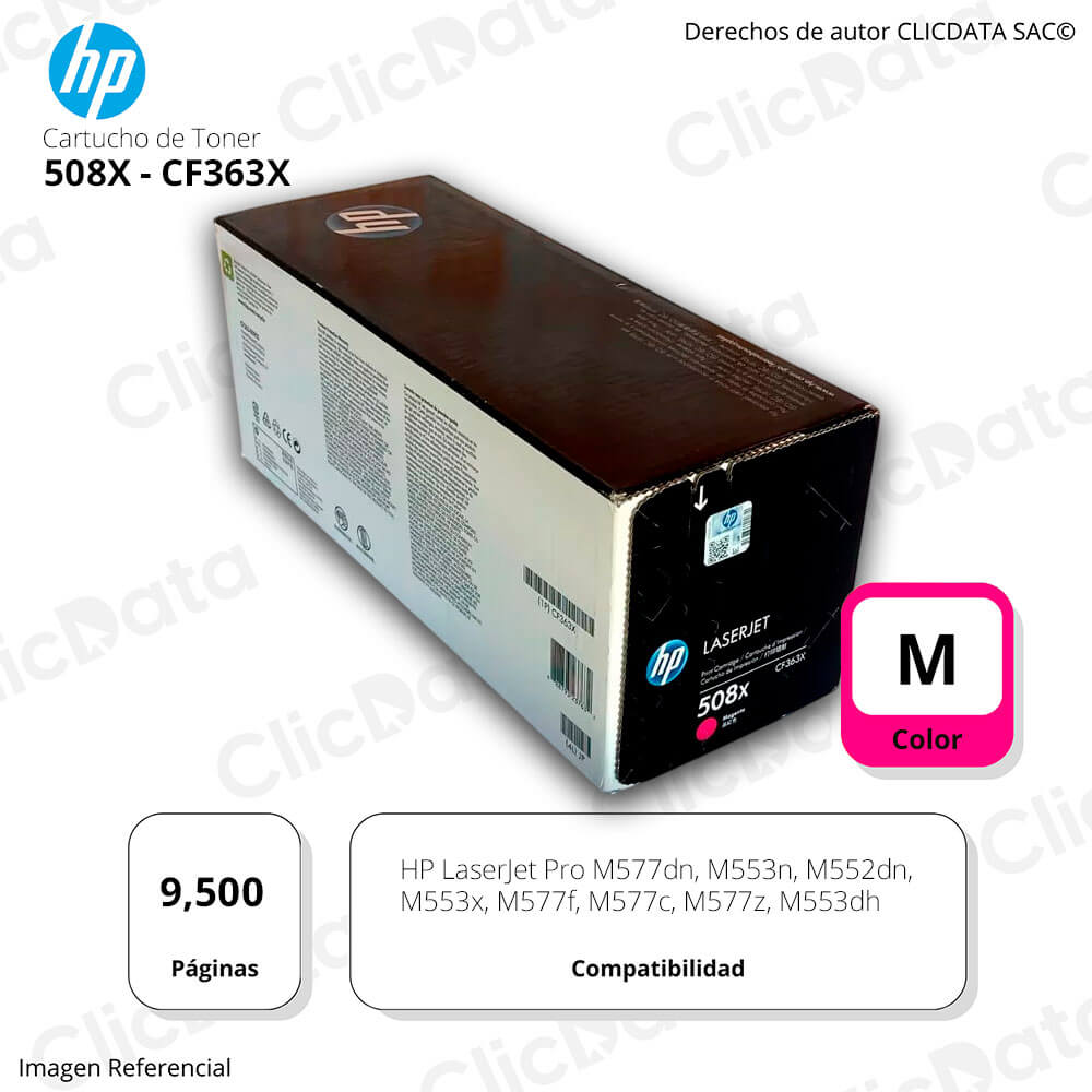 Toner Hp 508X Magenta Cf363X 9,500 Pág. M553dn, M552dn Original