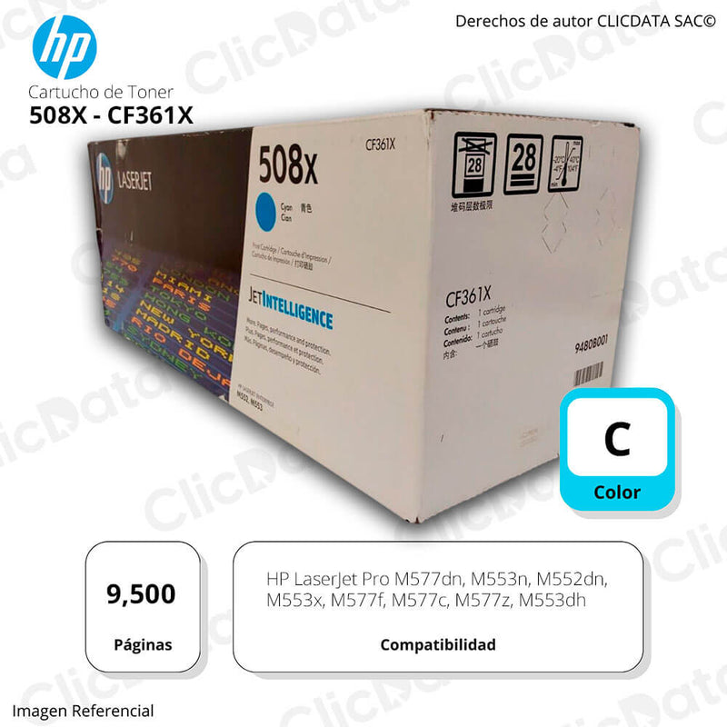 Toner Hp 508X Cyan Cf361X 9,500 Pág. M553dn, M552dn Original