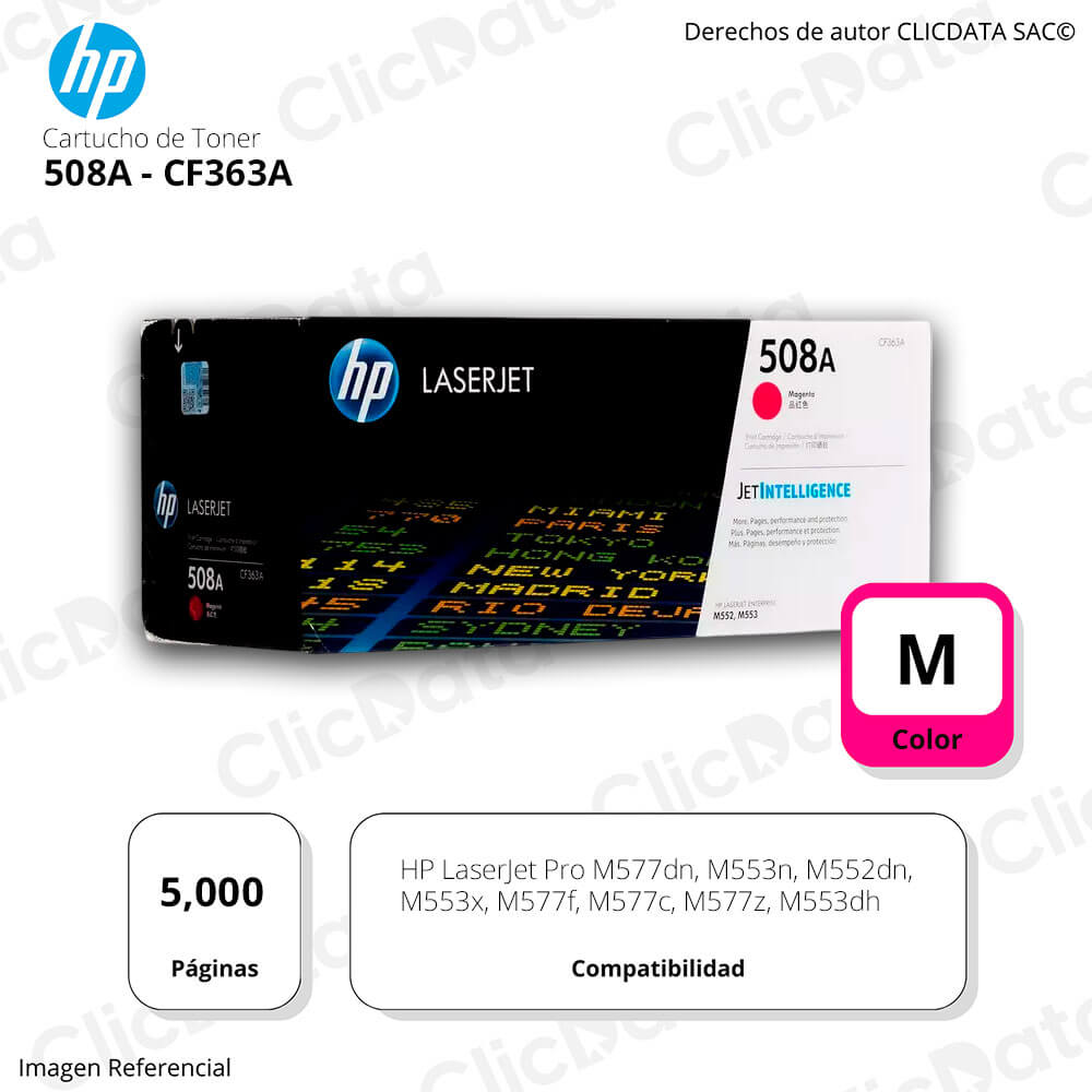 Toner Hp 508A Magenta Cf363A 5,000 Páginas M553n, M577dn Original