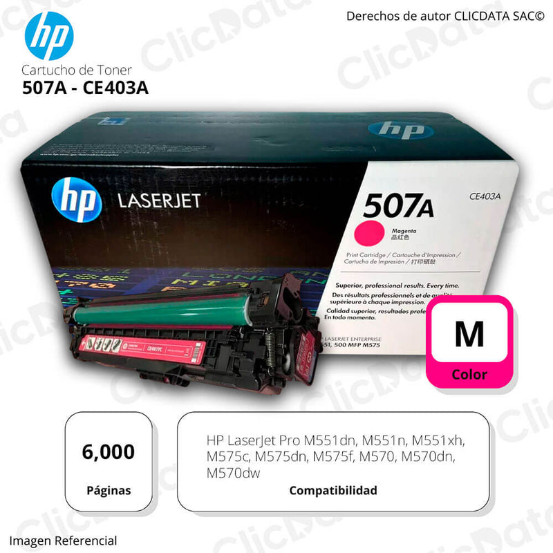 Toner Hp 507A Magenta Ce403A 6,000 Pág. M551n, M575dn Original