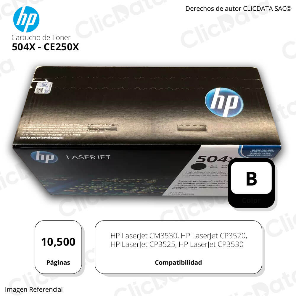 Toner Hp 504X Negro Ce250X 10,500 Pág. CP3525, CM3530 Original