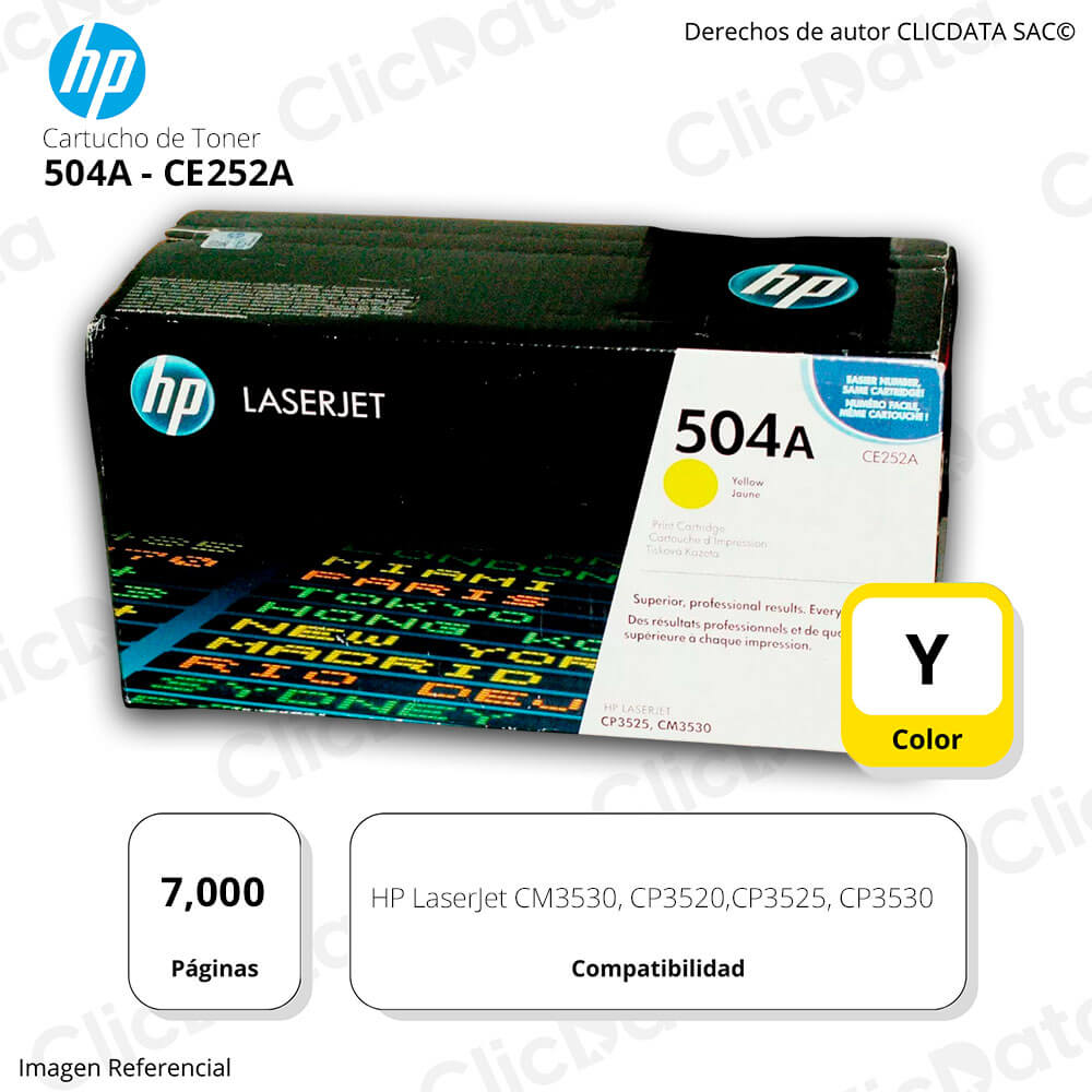 Toner Hp 504A Yellow Ce252A 7,000 Pág. CP3525, CP3520 Original