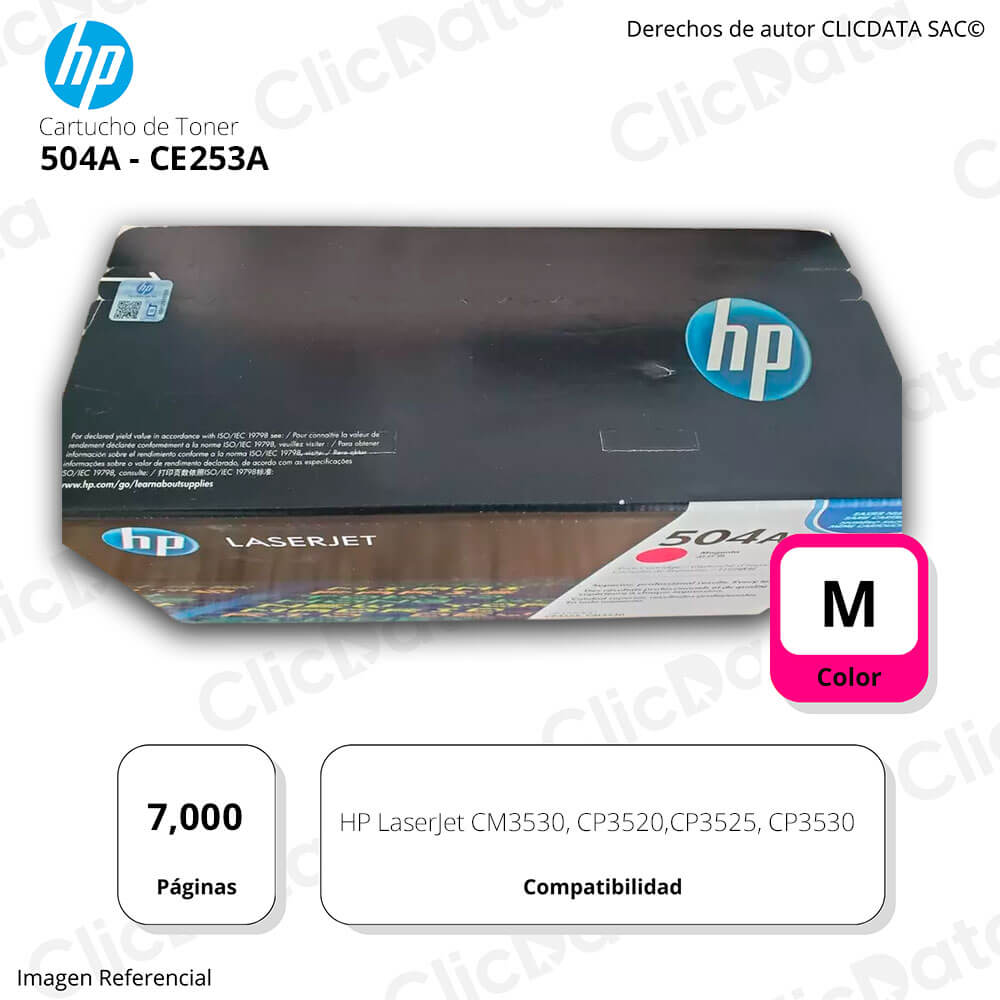 Toner Hp 504A Magenta Ce253A 7,000 Pág. CP3525, CP3520 Original
