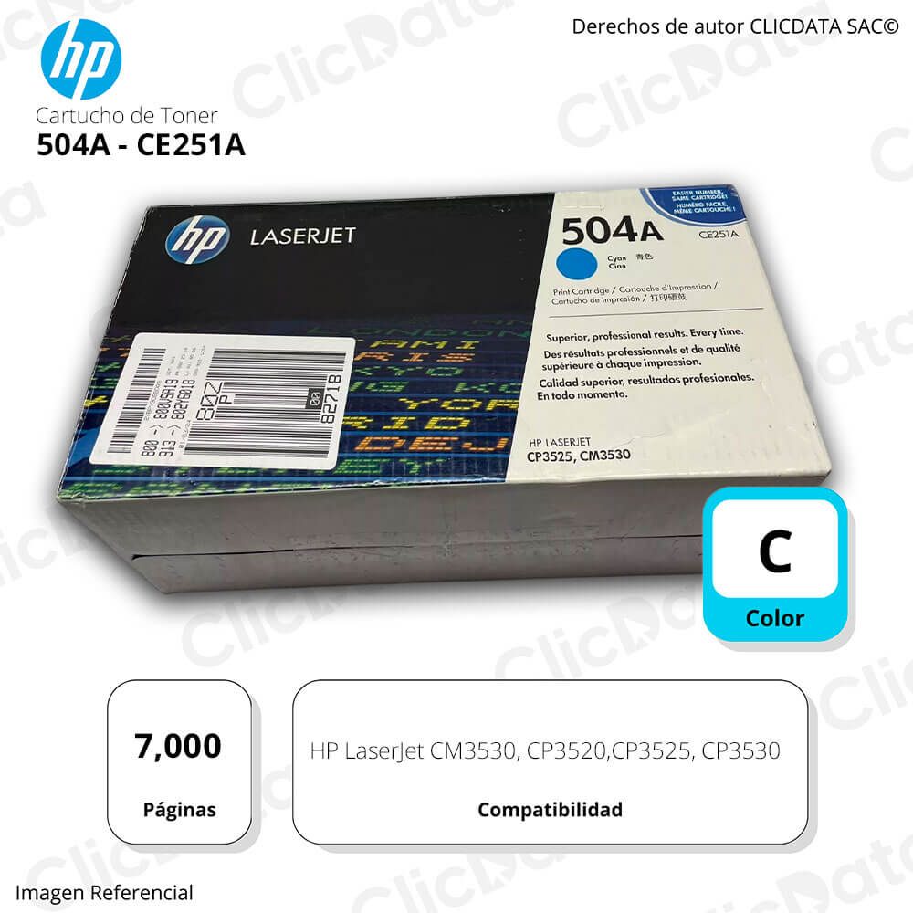 Toner Hp 504A Cyan Ce251A 7,000 Pág. CP3525, CP3520 Original