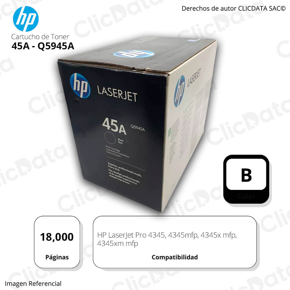 Toner HP 45A Negro Q5945A 18,000 Pág. LaserJet 4345 Original
