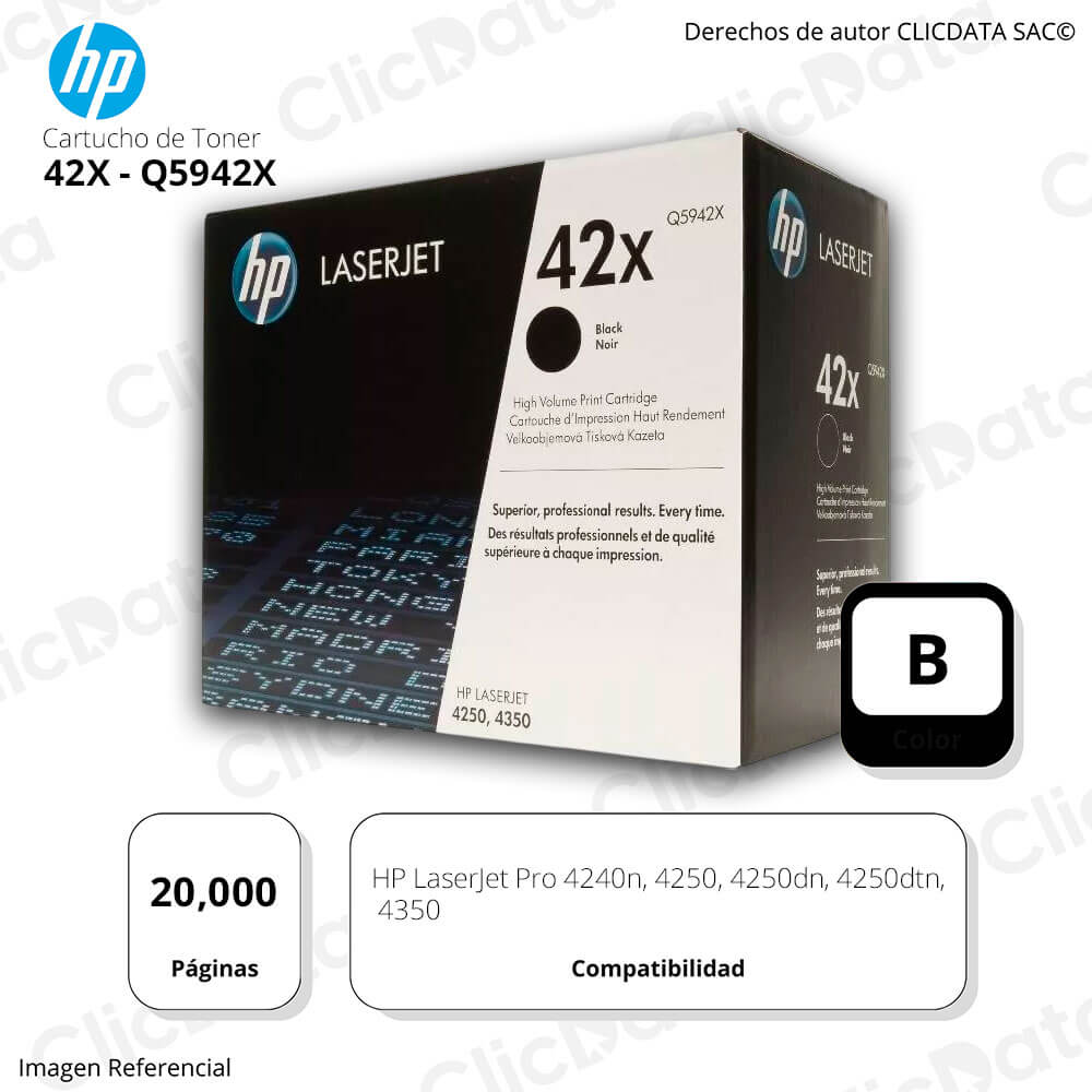 Toner Hp 42X Black Q5942X 20,000 Pág. 4240n, 4250dtn Original