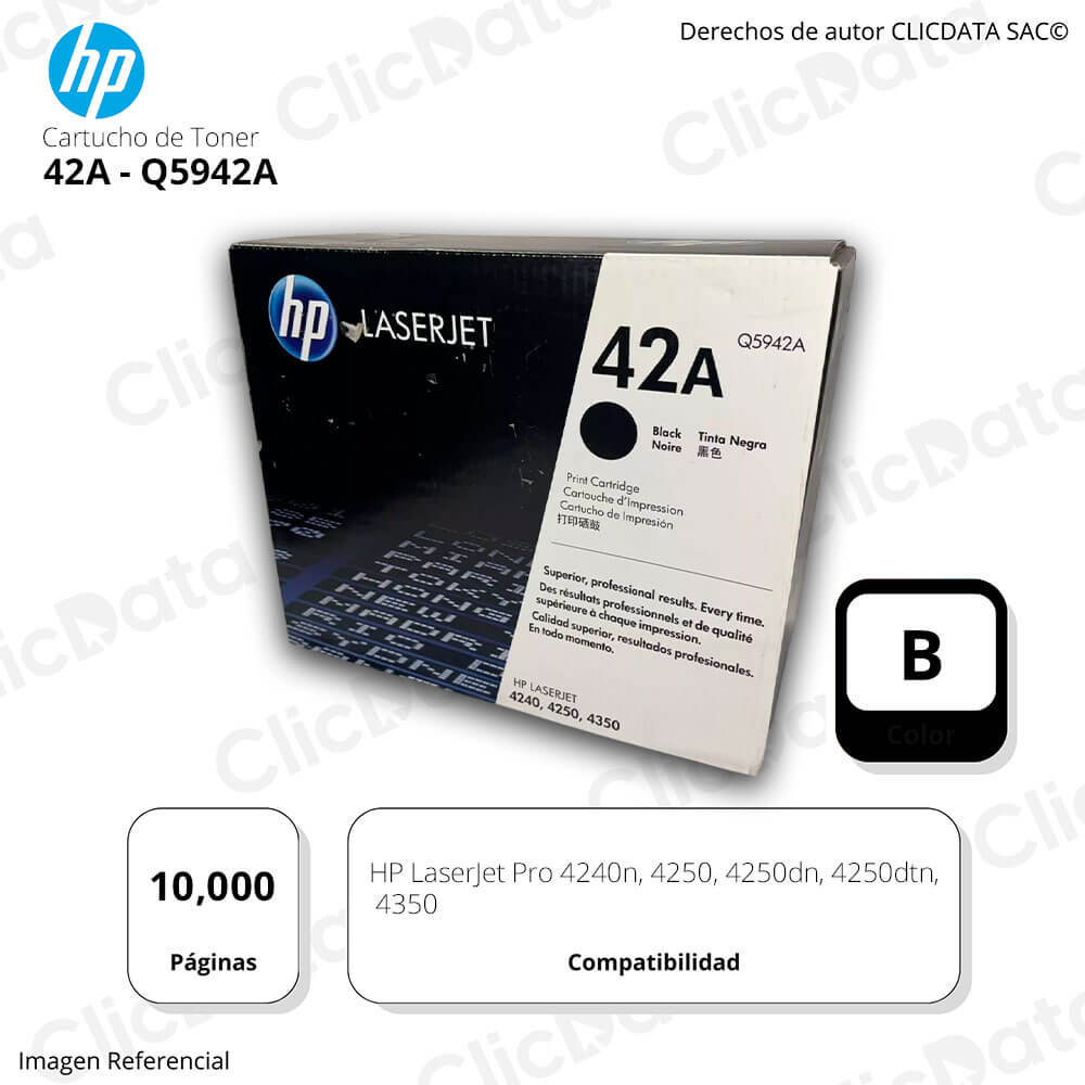 Toner Hp 42A Negro Q5942A 10,000 Pág. 4240n, 4250dtn Original