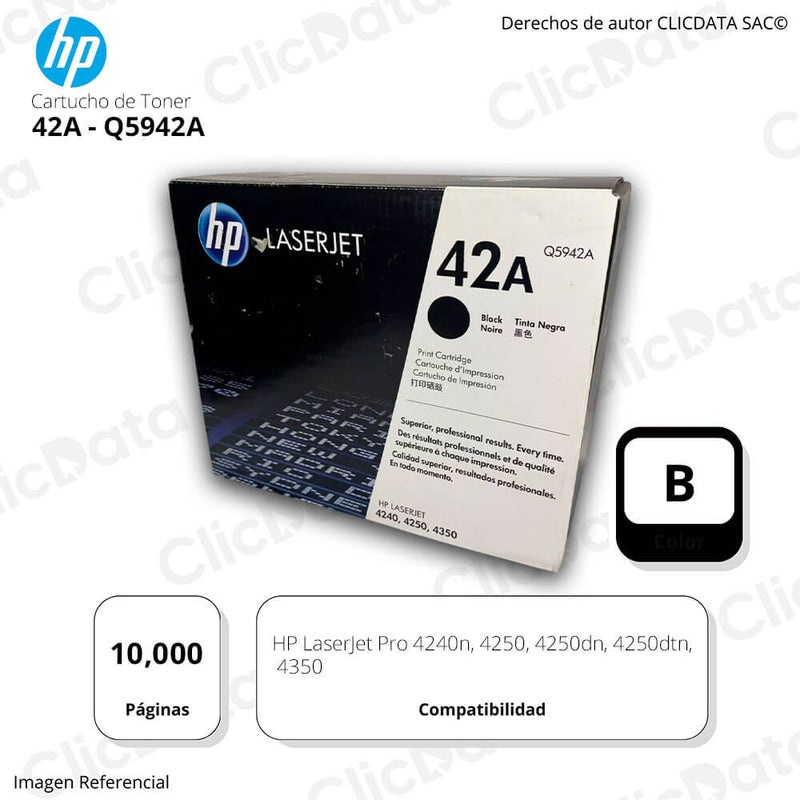 Toner Hp 42A Negro Q5942A 10,000 Pág. 4240n, 4250dtn Original
