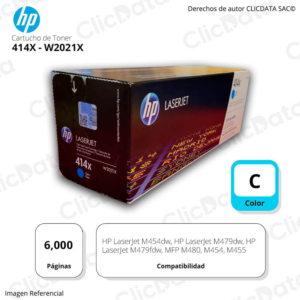 Toner Hp 414X Cyan W2021X 6,000 Pág. M479fdw, M454dw Original