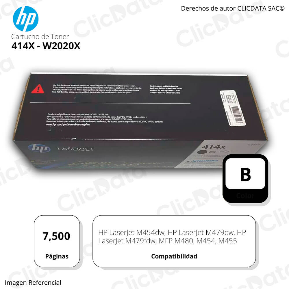 Toner Hp 414X Black W2020X 7,500 Pág. M479fdw, M454dw Original