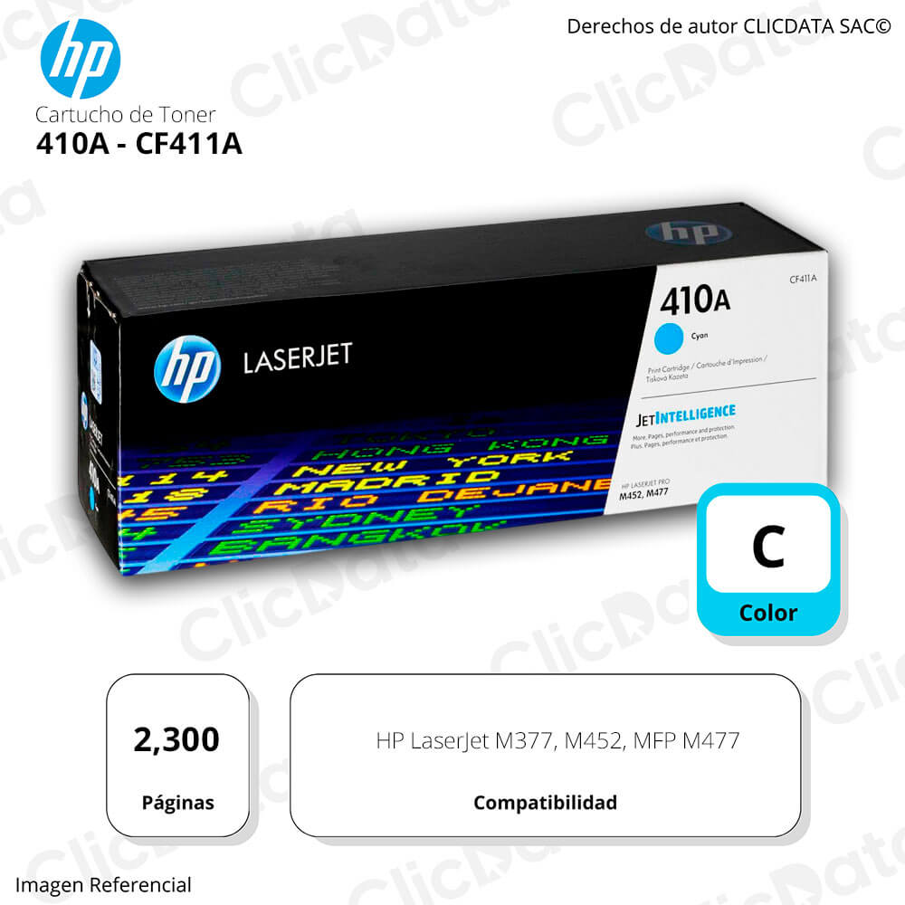 Toner Hp 410A Cyan Cf411A 2,300 Pág. M452n, M477f Original