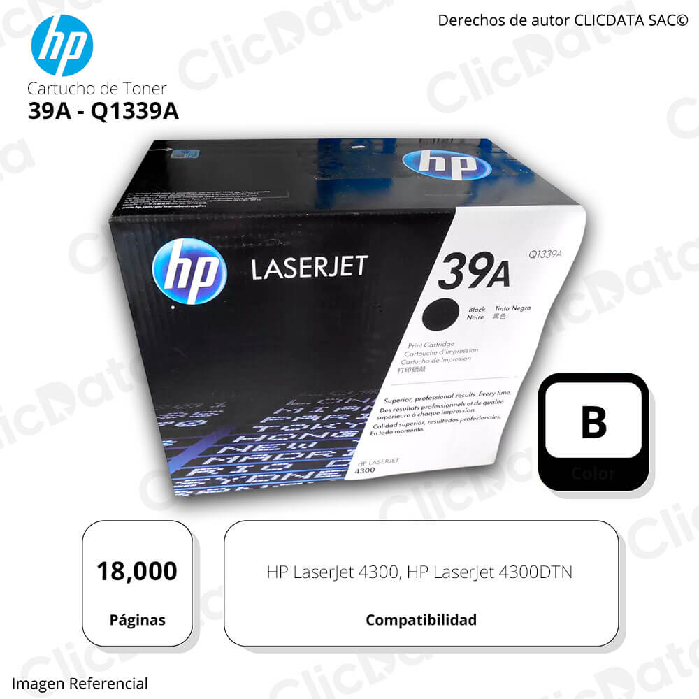 Toner Hp 39A Negro Q1339A 18,000 Pág. 4300, 4300DTN Original