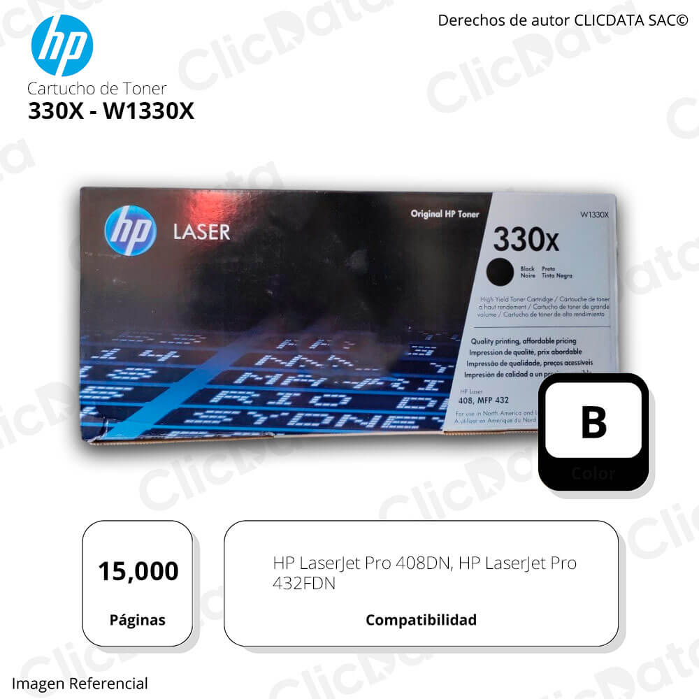 Tóner Hp 330X Negro W1330X 15,000 Pág. 408dn, 432fdn Original