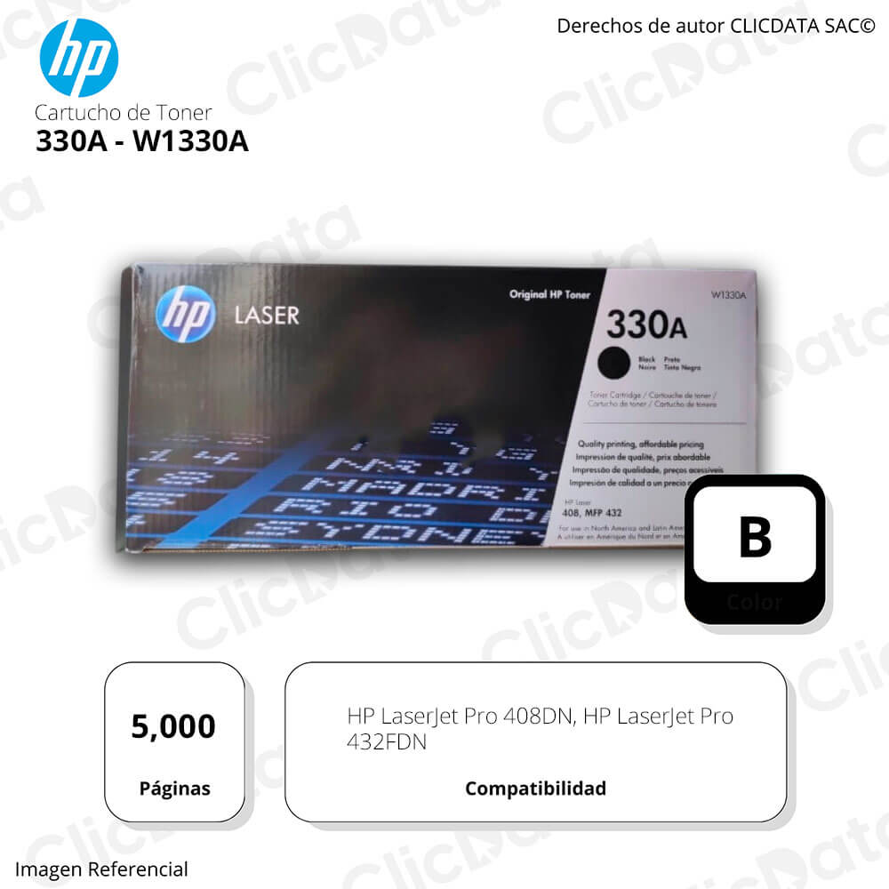 Toner Hp 330A Negro W1330A 5,000 Pág. 408dn, 432fdn Original