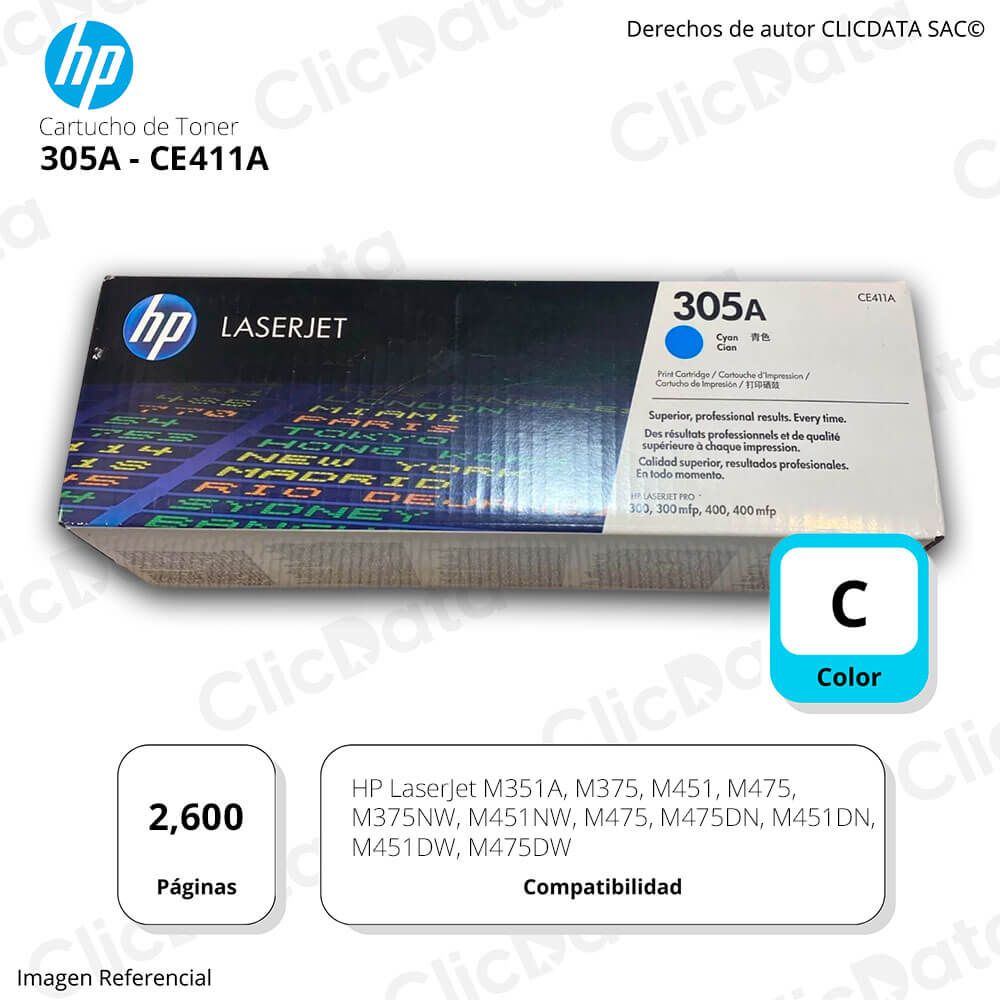 Toner Hp 305A Cyan Ce411A 2,600 Pág. M451DW, M475DW Original