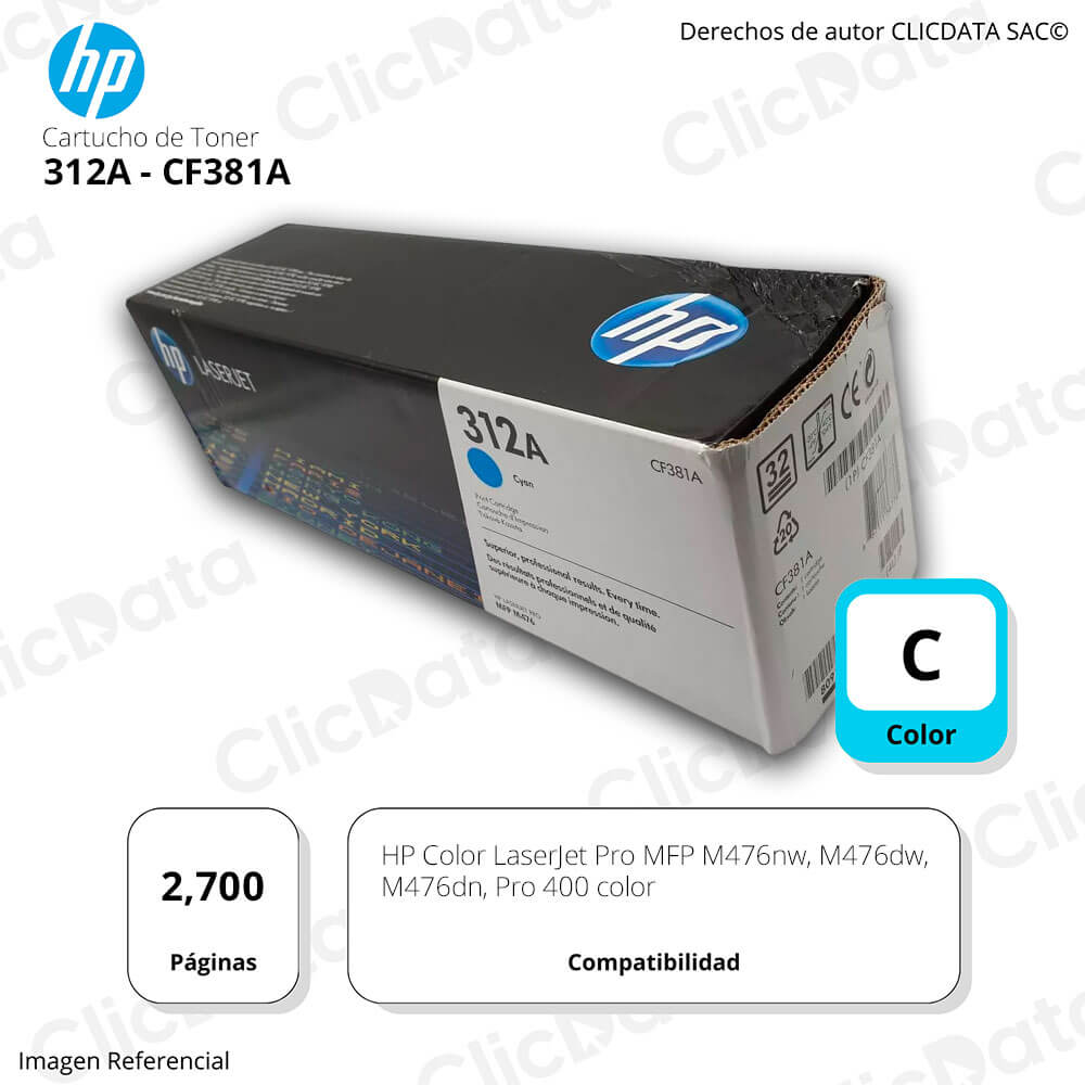 Toner Hp 312A Cyan Cf381A 2,700 Pág. M476nw, pro 400 Original