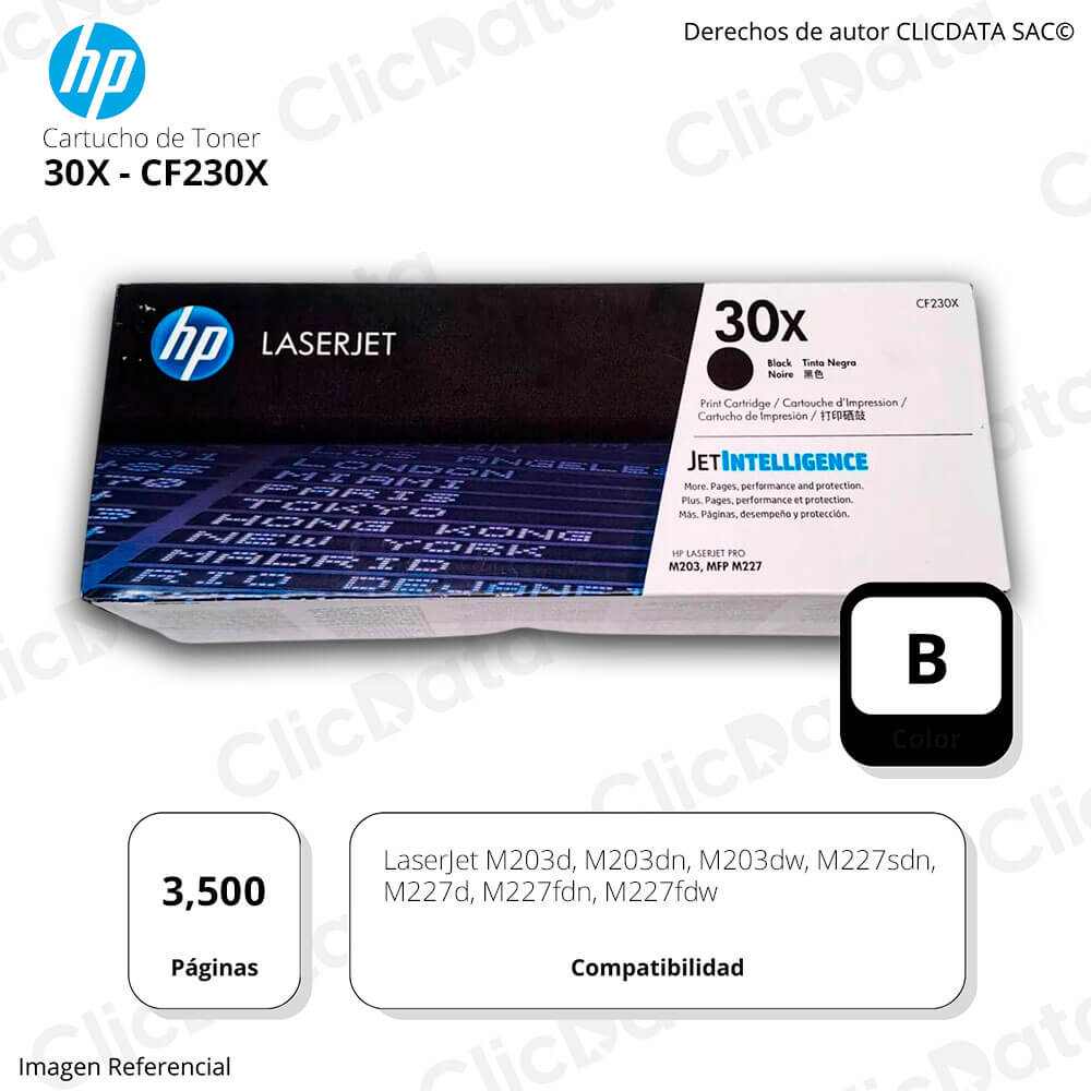 Toner HP 30X Negro CF230X 3,500 Pág. M203dn, M227fdw Original