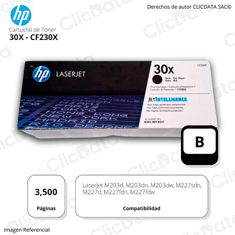 Toner HP 30X Negro CF230X 3,500 Pág. M203dn, M227fdw Original