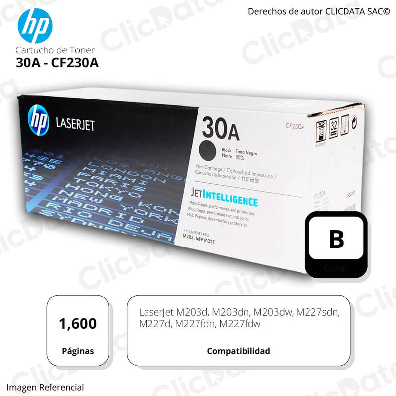 Toner Hp 30A Negro Cf230A 1,600 Pág. M203dn, M227fdw Original