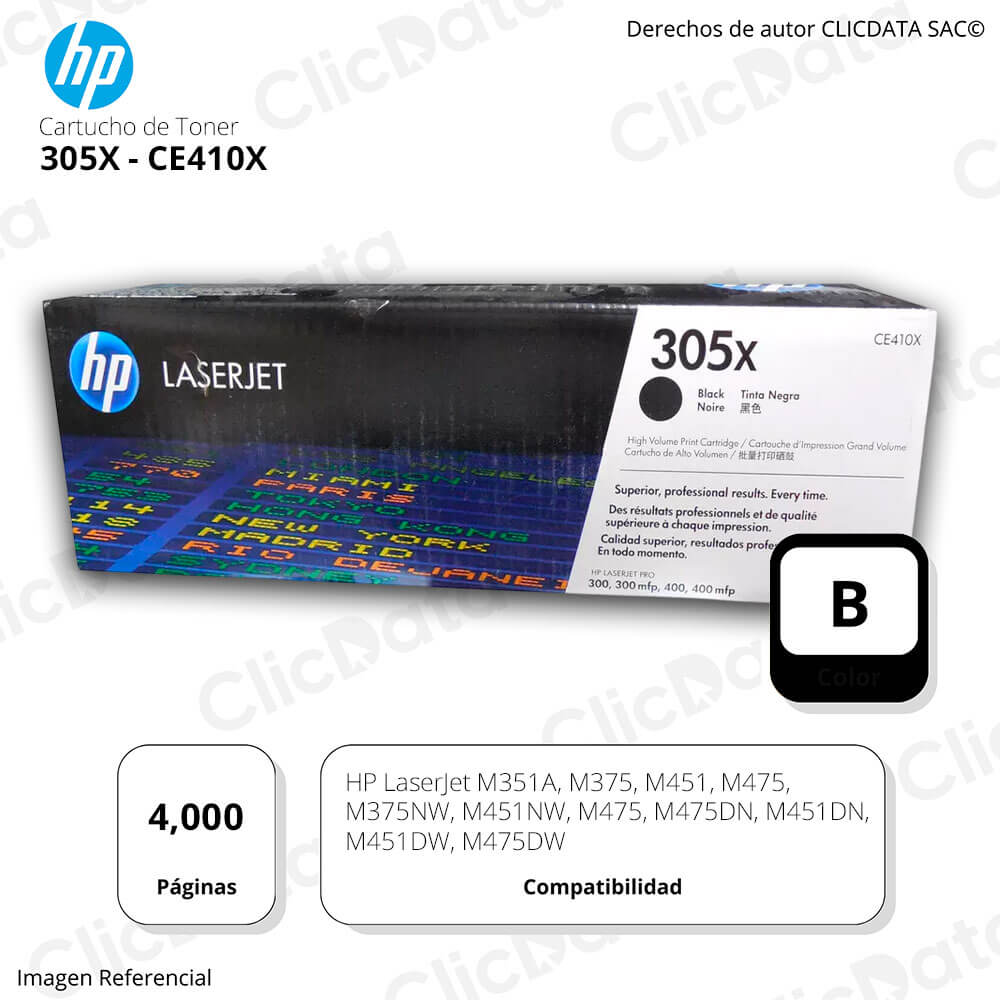 Toner Hp 305X Negro Ce410X 4,000 Pág. M451DW, M475DW Original