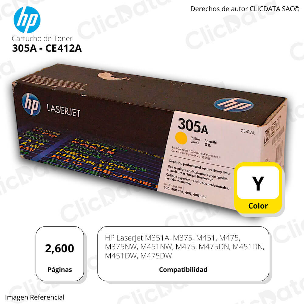 Toner Hp 305A Yellow Ce412A 2,600 Pág. M451DW, M475DW Original