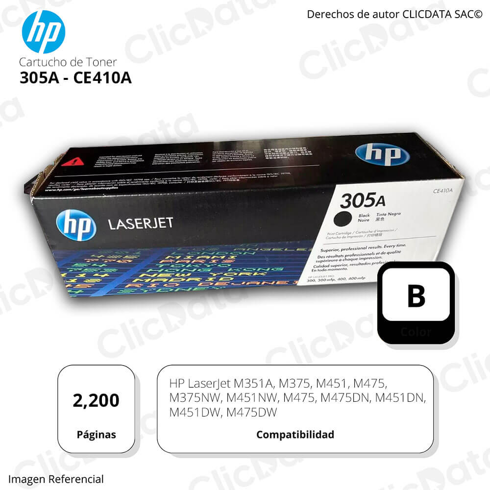 Toner Hp 305A Negro Ce410A 2,200 Pág. M451DW, M475DW Original