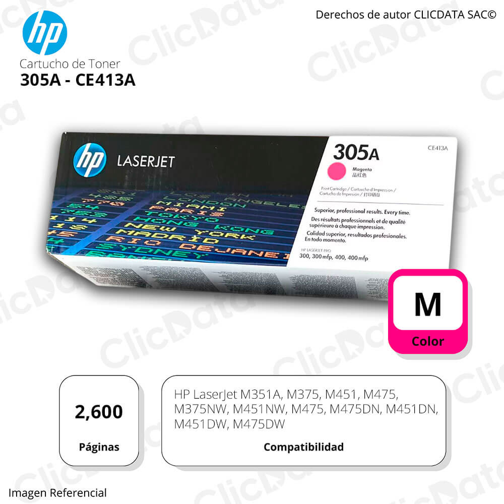 Toner Hp 305A Magenta Ce413A 2,600 Pág. M451DW, M475DW Original