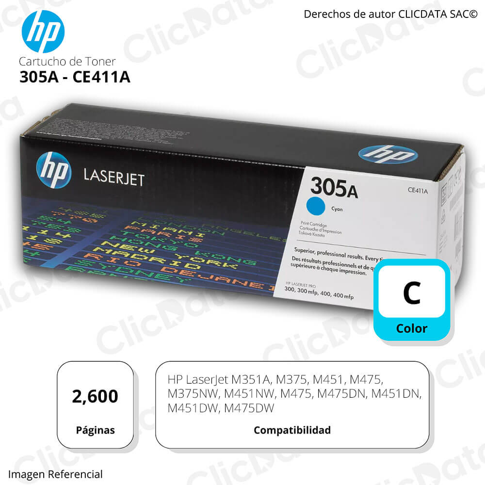 Toner Hp 305A Cyan Ce411A 2,600 Pág. M451DW, M475DW Original