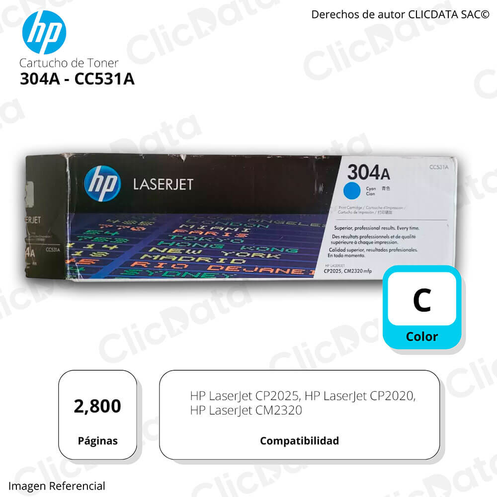 Toner Hp 304A Cyan Cc531A 2,800 Pág. CP2025, CM2320 Original