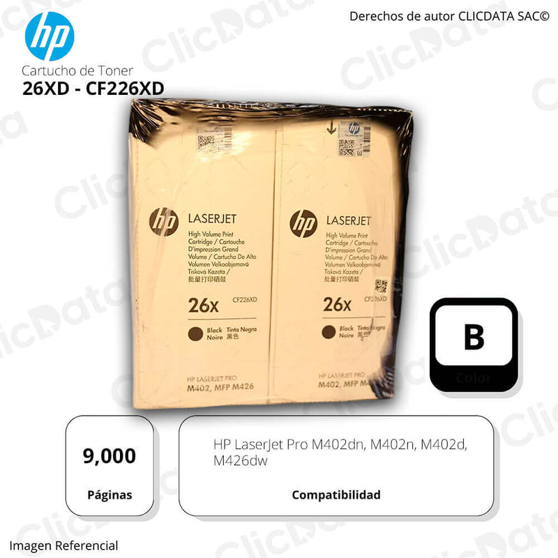 Toner Hp 26X Negro Cf226Xd 18K Pág. M402d, y M426dw Original