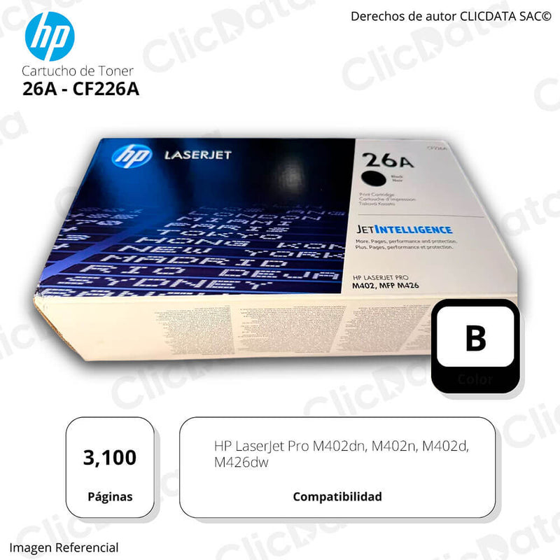 Toner Hp 26A Negro Cf226A 3,100 Pág. M402n, MFP M426fdn Original