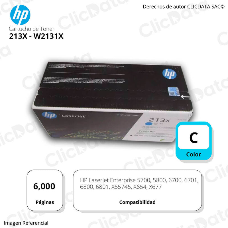 Toner Hp 213X Cyan W2131X 6,000 Pág. 5700, 6800, X677 Original