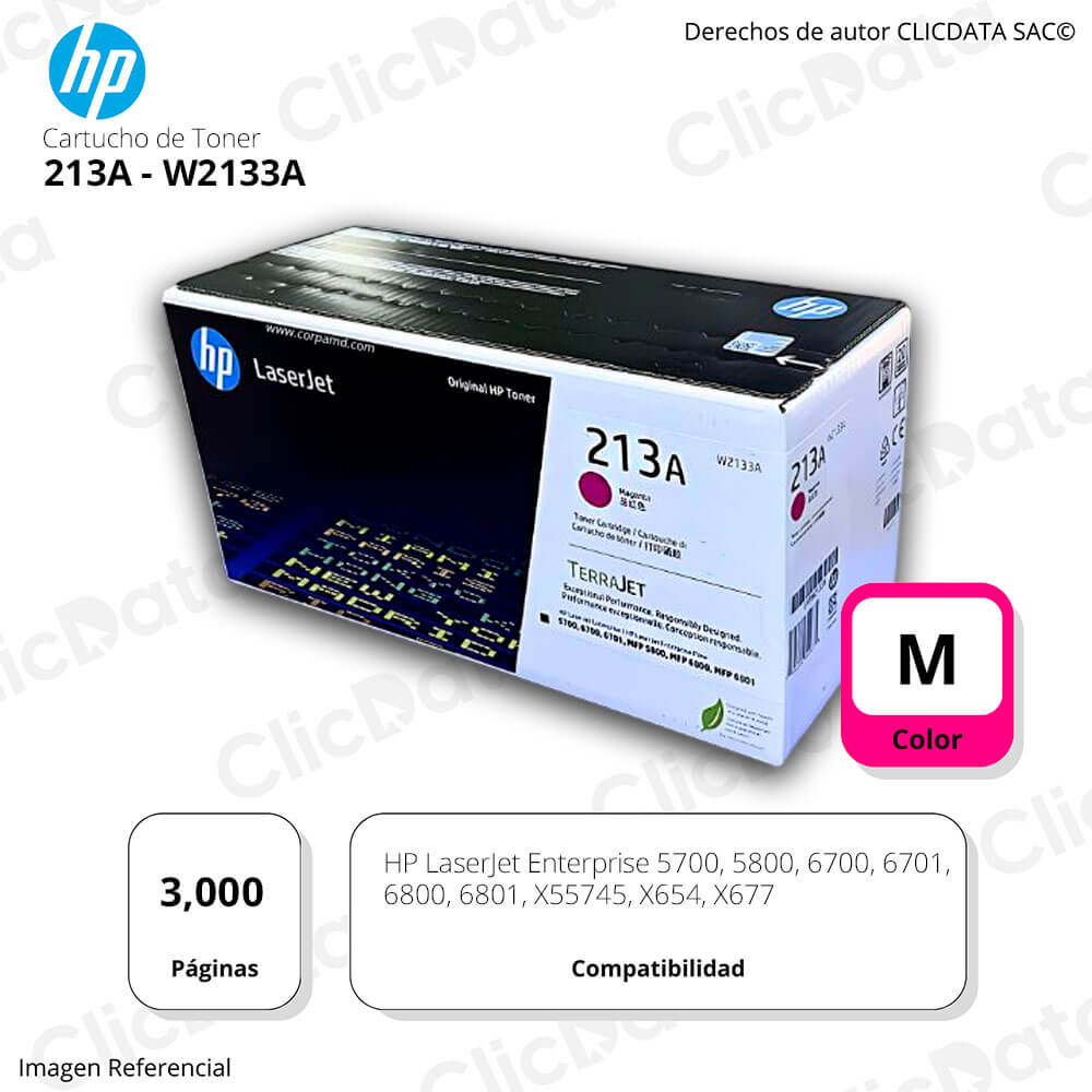 Toner Hp 213A Magenta W2133A 3,000 Pág. X55745, X677 Original