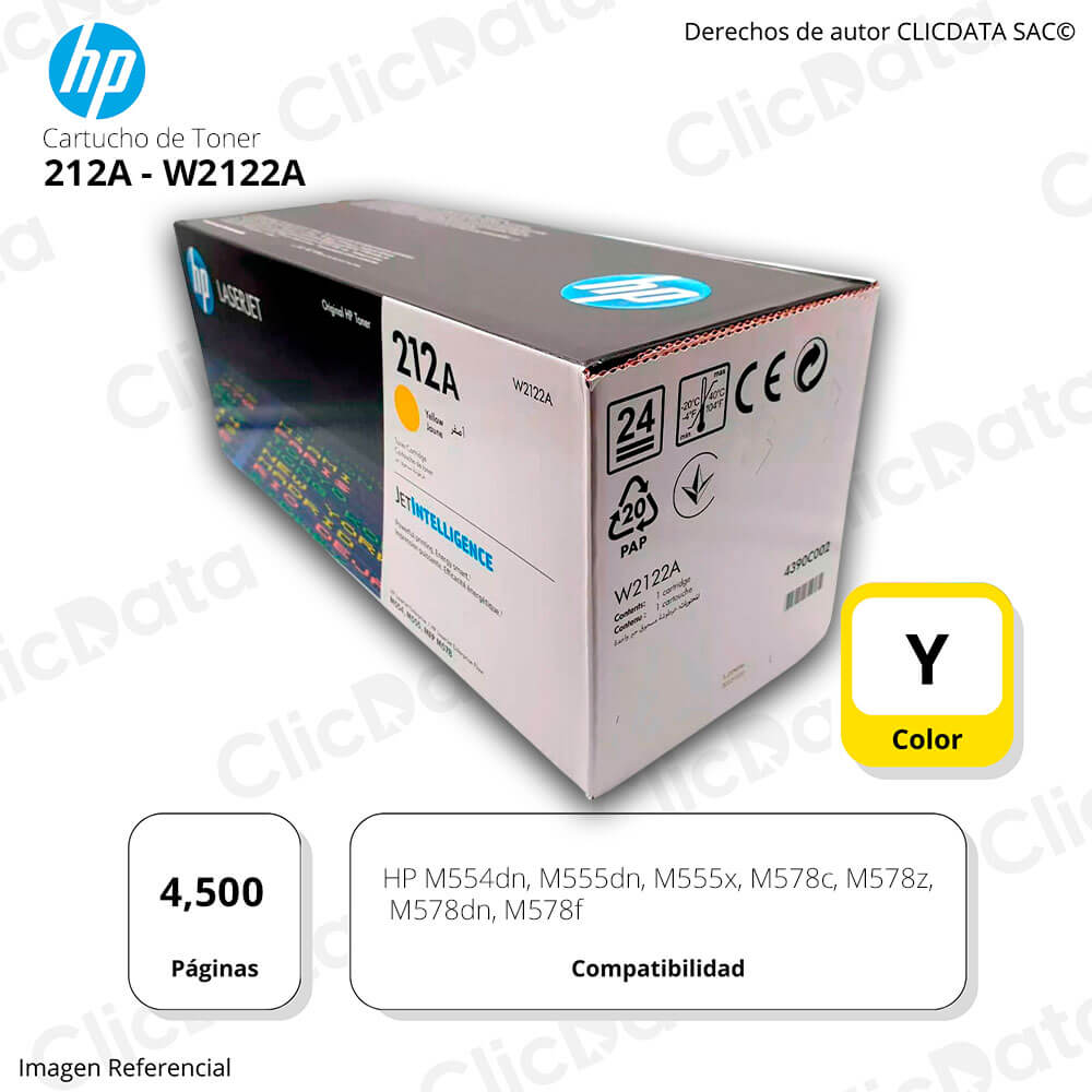 Toner Hp 212A Yellow W2122A 4,500 Pág. M554dn, M578dn Original