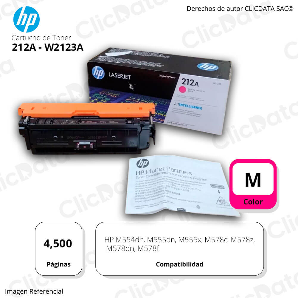 Toner Hp 212A Magenta W2123A 4,500 Pág. M554dn, M578dn Original