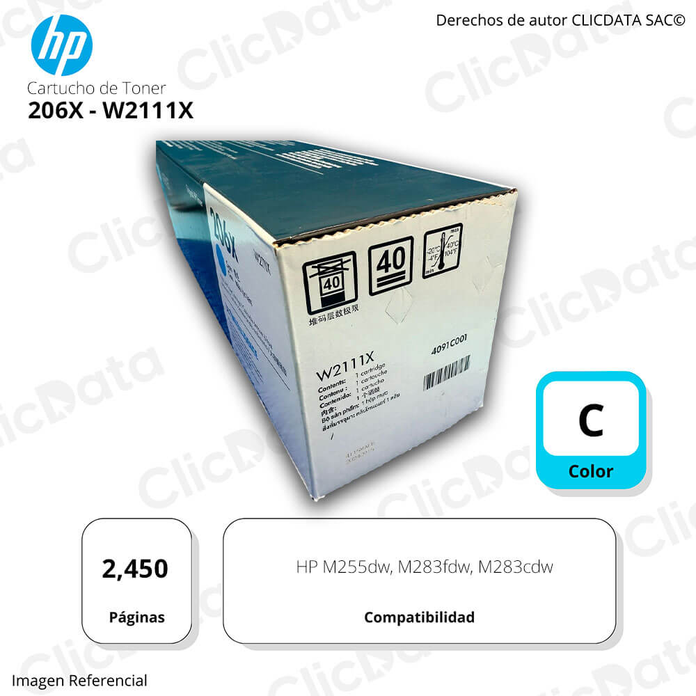 Toner HP 206X Cyan W2111X 2.450 Pág. M283cdw, M255dw Original