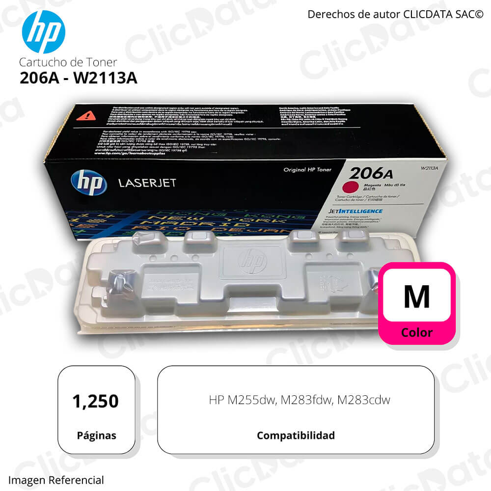 Toner Hp 206A Magenta W2113A 1,250 Pág. M283fdw, M255 Original
