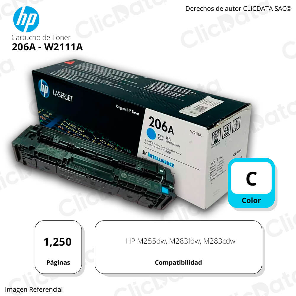 Toner Hp 206A Cyan W2111A 1,250 Pág. M283fdw, M255dw Original