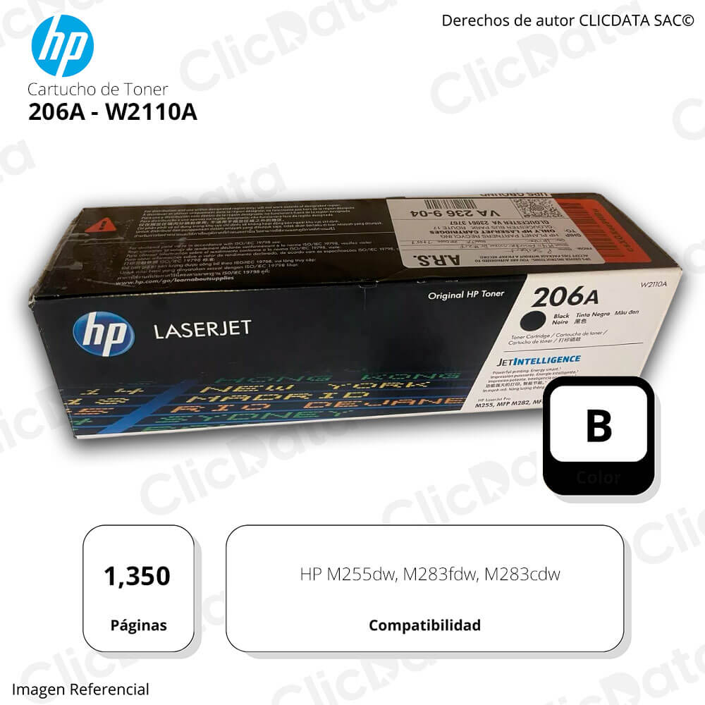 Toner Hp 206A Black W2110A 1,350 Pág. M283fdw, M255dw Original