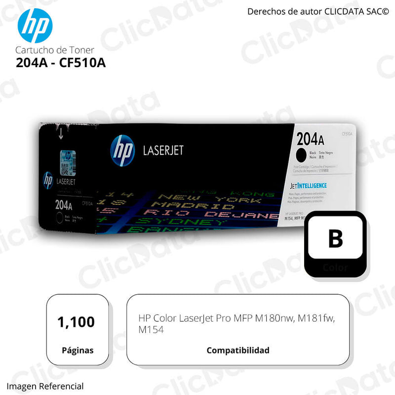 Toner Hp 204A Negro Cf510A 1,100 Pág. M181fw, M180nw Original