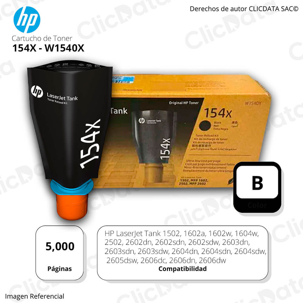 Toner HP 154X Negro W1540X 5,000 Pág. 1602a, 2602dn Original