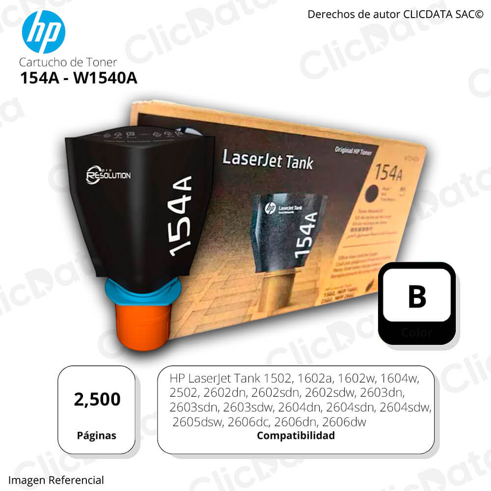 Toner HP 154A Negro W1540A 2,500 Pág. 1602a, 2602dn Original