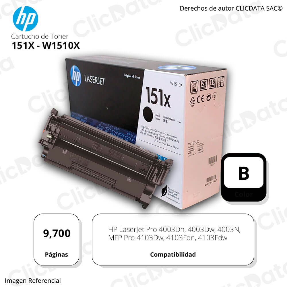 Toner HP 151X Negro W1510X 9,700 Pág. 4103Fdn, 4003n Original