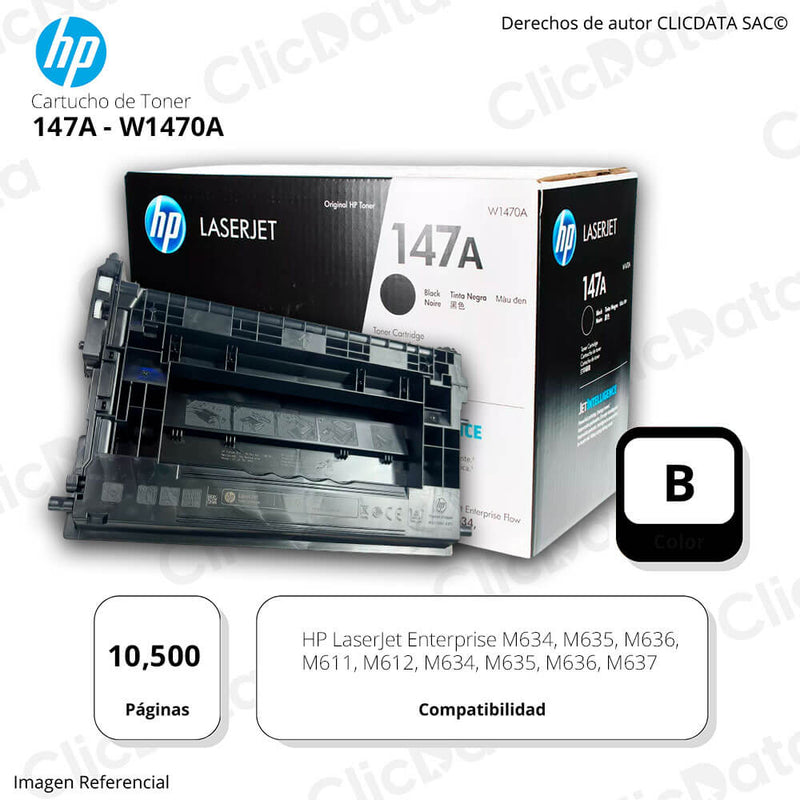 Toner Hp 147A Negro W1470A 10.500 Pág. M635, M637 Original