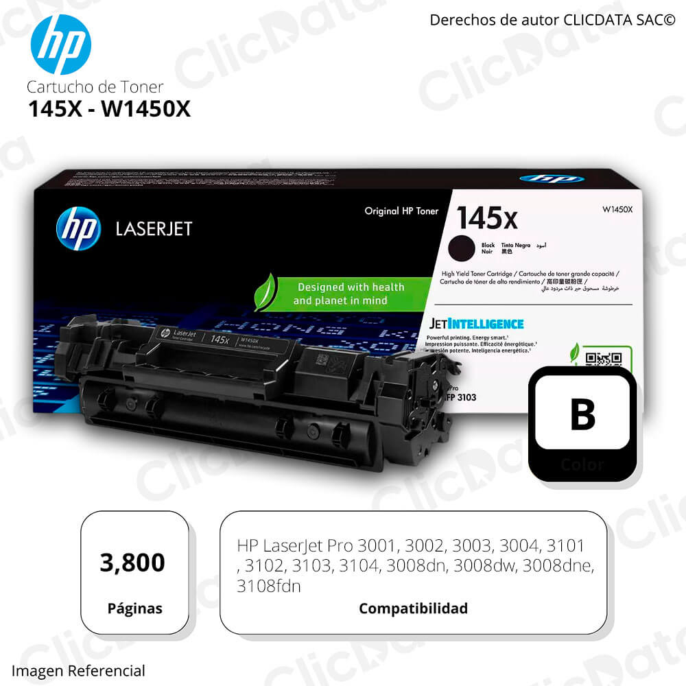 Toner Hp 145X Negro W1450X 3,800 Pág. 3108fdw, 3008dn Original