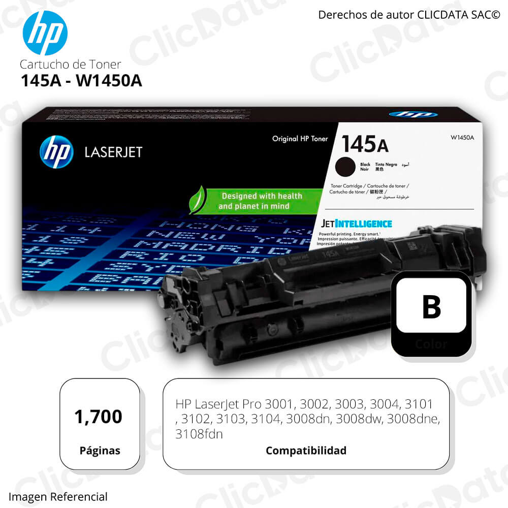 Toner HP 145A Negro W1450A 1,700 Pág. 3108fdw, 3008dn Original