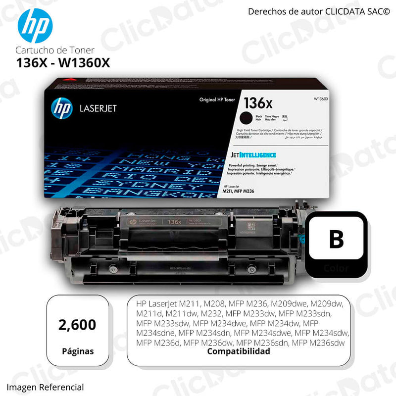 Toner Hp 136X Black W1360X 2,600 Pág. M211, M236dw Original